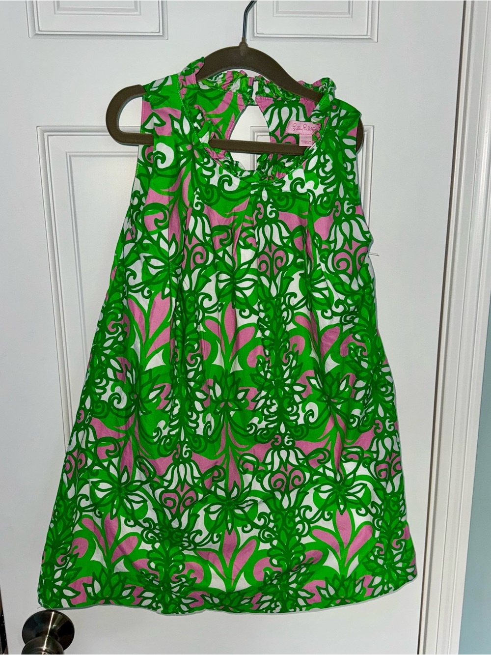 Girls Lilly Pulitzer Dress Sz 7 Green Pink White Floral Sleeveless Ruffled Neck